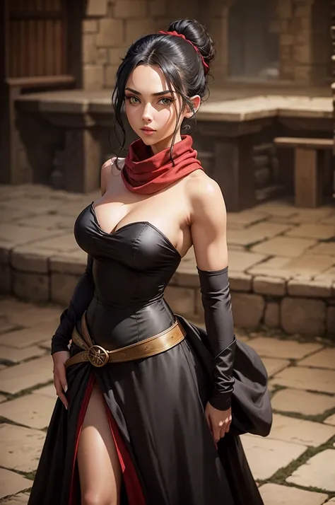 medieval setting, fullbody view, female, green eyes, black hair tied to a bun, strapless midi dress, red scarf around her neck, flowy arm sleeves, silk gloves