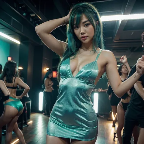 A lovely woman (asian, age 25, sexy little outfit, minidress panties exposed, bright green eyes, turquoise hair) dancing in the club having fun, Tik Tok dance
