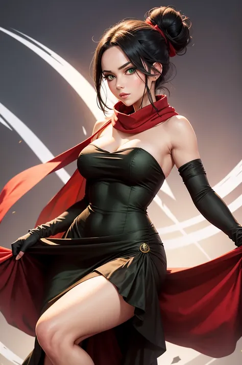 fullbody view, female, green eyes, black hair tied to a bun, strapless midi dress, red scarf around her neck, flowy arm sleeves, silk gloves