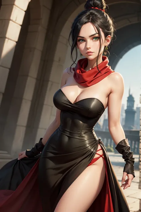 fullbody view, female, green eyes, black hair tied to a bun, strapless midi dress, red scarf around her neck, flowy arm sleeves, silk gloves