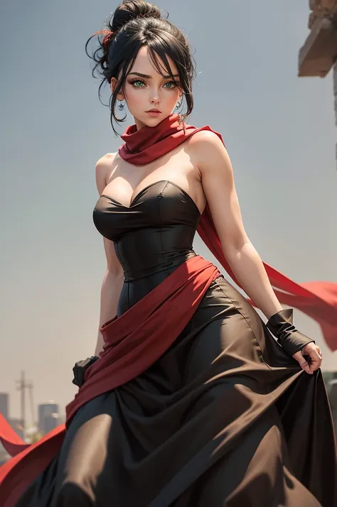 fullbody view, female, green eyes, black hair tied to a bun, strapless midi dress, red scarf around her neck, flowy arm sleeves, silk gloves