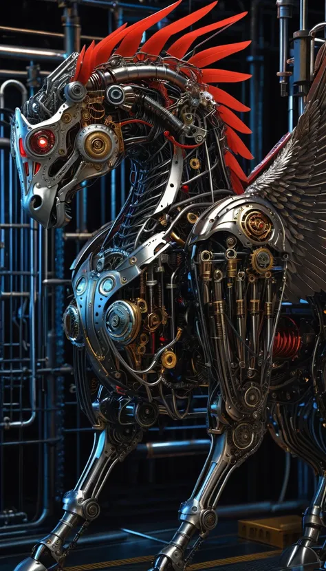 a photorealistic digital painting of a scary mechanical creature, a mix of a female body, bird, and horse, intricate details of mechanical parts and elements, complex mechanism, mechanical body of woman, mechanical horse head, mechanical eagle wings, highl...