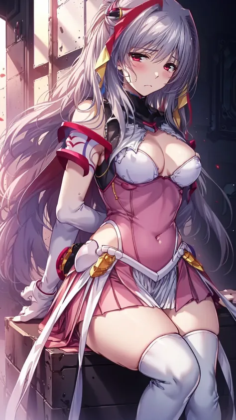 12k,Escalayer,long hair,hair_ornament,Red eyes,Pink Dress,White long gloves,thigh_boots, Embarrassing ,blush,,,White panties,,masterpiece,Noise Reduction,Perfect Anatomy,High resolution, Very detailed,Game CG,Dutch Angle ,Beautiful attention to detail,Visu...