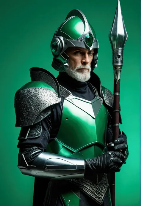 There is a man, Merlin, wearing modern and futuristic armor. With a futuristic wizard&#39;s staff, with a futuristic hi-tech full helmet. on green background