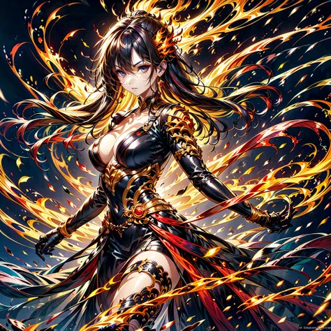 1girl,(((Highest quality、Masterpiece、Official Art、Super detailed、The best dynamic composition、Perfect Anatomy)))、Anime Style、Incarnation of Fire、Girl on Fire、He is accompanied by a fire dragon.、Fractal art of flames、Award-winning works、Holding a fireball i...