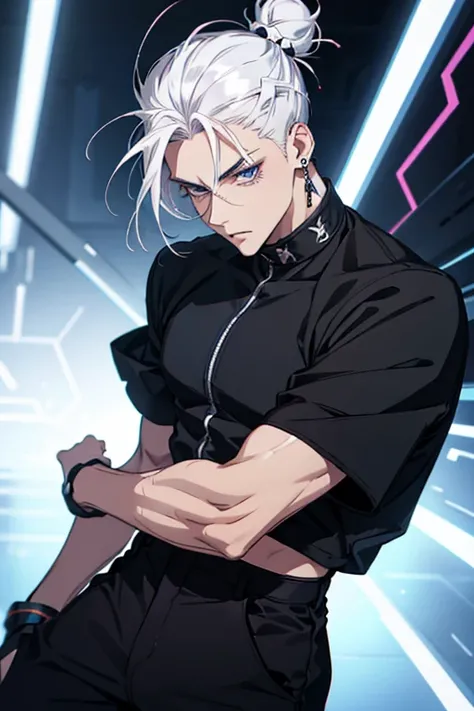 Anime man gradient young white hair low on shaved sides turns hair bun to the left side in the middle serious face with black earrings black clothes black pants black futuristic men&#39;s clothes black circles under his eyes big black hair big brown hair e...