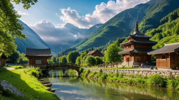 Natural beauty, Ancient Austrian village.  The Stream. cloud, Temple.  Mountain. Lake, close,  mystical beauty, 8k