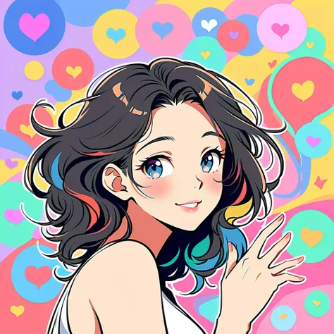 40 year old adult woman、Black Hair、Wearing a sleeveless dress、Light rainbow hair、A big smile、most beautiful girl of all time、Lips in Love、Colorful flowers、colorful hearts, Simple line initials、Abstract art、Urban Background