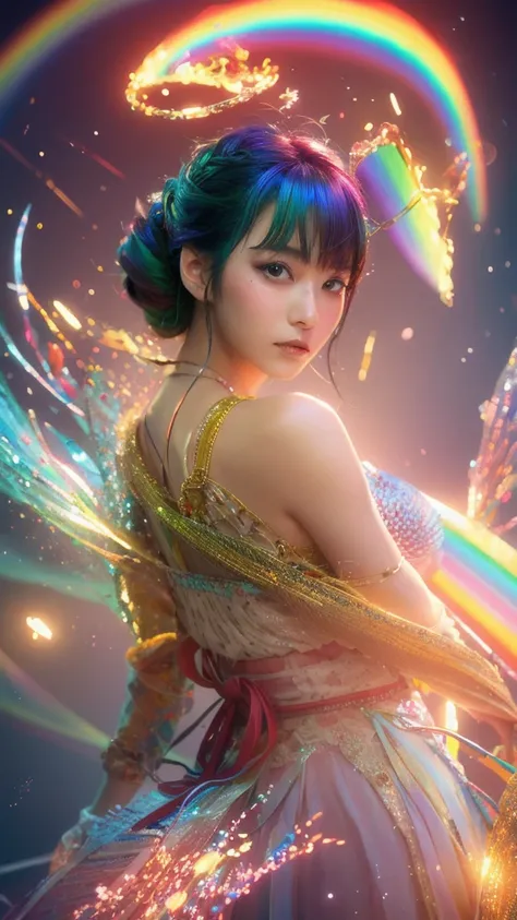 Beautiful Japanese Woman, (masterpiece: 1.2), (Highest quality), 4K, Very detailed, (moving composition: 1.4), Very detailed, Colorful details, (Rainbow colors: 1.2), (Bright lighting, Atmospheric lighting), dream-like, magic, (alone: 1.2)  ,