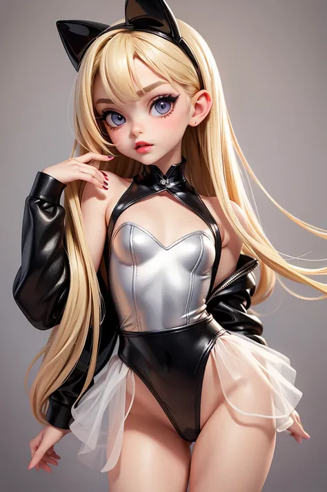 hyperrealistic 14 year old american teen, blonde, little, perfect tiny body, sexy, dark makeup, perfect slim face, big red lips, very cute face, tiny body, big eyes, young looking, childish looking, little clothes
