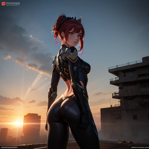 ((best quality)), ((master part)), (Very detailed: 1.3), ..3d, Icaru valkirie-mecha, Beautiful cyberpunk woman wearing crown with her red and blue mecha in ruins of a forgotten war city, longos cabelos ruivos, sci-fi technology, HDR (high dynamic range), r...