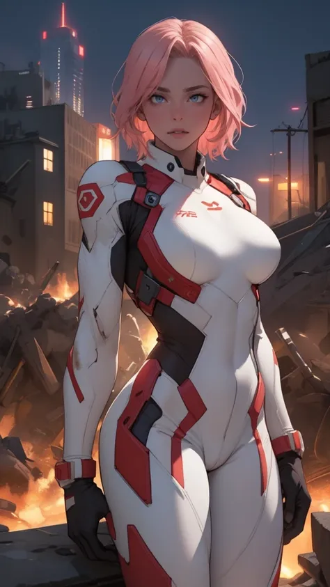 scarlett johannson em fantasma na concha, short pink hair, tight white bodysuit with big breasts, fake , skyline of a war-torn c...