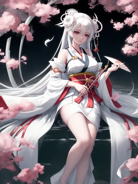 Anime girl in a white dress holding a fan in her hand, White-haired God, Best anime 4k konachan wallpaper, Cute anime waifu in a nice dress, Flowing white robes, The Detailed Art of the Onmyoji, Anime Goddess, guweiz on pixiv artstation, Trending on cgstat...