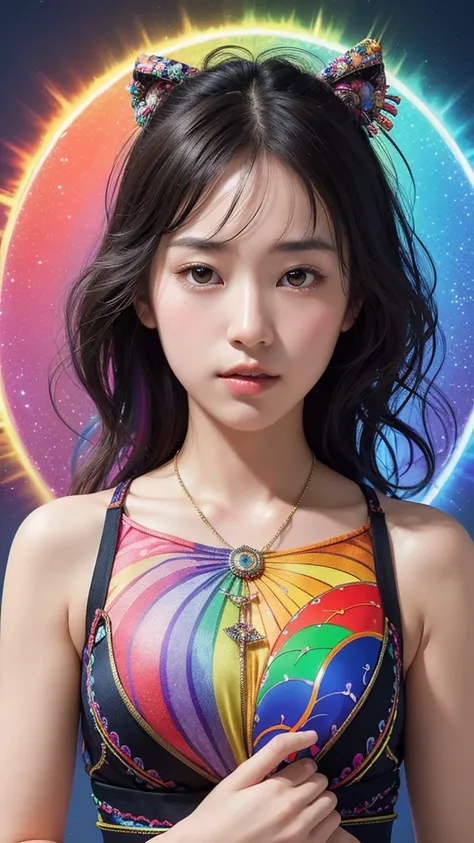 Beautiful Japanese Woman, (masterpiece: 1.2), (Highest quality), 4K, Very detailed, (moving composition: 1.4), Very detailed, Colorful details, (Rainbow colors: 1.2), (Bright lighting, Atmospheric lighting), dream-like, magic, (alone: 1.2)  ,