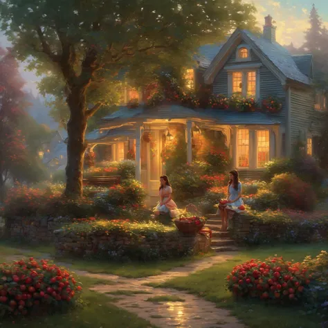 a painting depicting a girl sitting on a bench in front of the house, with a basket full of apples on her lap., beautiful art uhd 4 k, 4 k matte thomas kinkade, tomas kinkade, rhads and thomas kinkade, kinkade. award winning, rainy evening, gloss, glossy, ...