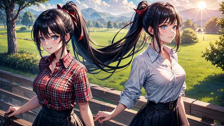 1girl, solo, rural landscape, village, trees, sun, clouds, fantasy, black hair, ponytail, large breasts, button down shirt, ((red checked shirt)), ((short sleeved shirt)), ((unbuttoned shirt)), popping buttons, unbuttoning buttons, cleavage 1:3, blue eyes,...