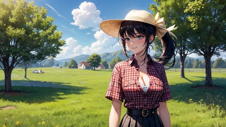 1girl, solo, rural landscape, village, trees, sun, clouds, fantasy, black hair, ponytail, large breasts, button down shirt, ((red checked shirt)), ((short sleeved shirt)), ((unbuttoned shirt)), popping buttons, unbuttoning buttons, cleavage 1:3, blue eyes,...