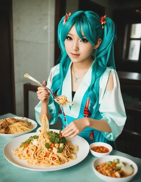 a real-life, live-action asian hatsune miku eating spaghetti