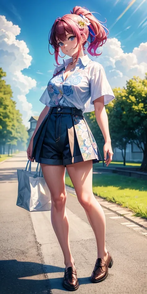 1girl, solo, full body, summer, village, trees, sun, clouds, ((colorful hair)), ponytail, large breasts, button down, blue eyes, ((floral pattern white shirt)), ((unbuttoned shirt)), ((short sleeved shirt)), belly reveal, shorts, brown shoes, grin, looking...