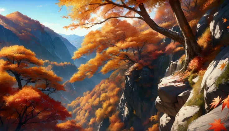 Japan,Valley,autumn leaves,nature,sunny,In the mountains,Daytime,autumn,Highest quality, 8k, High resolution, masterpiece:1.2, Very detailed, Realistic:1.37, High resolution, 超High resolution, Very detailed, Professional, Vibrant colors