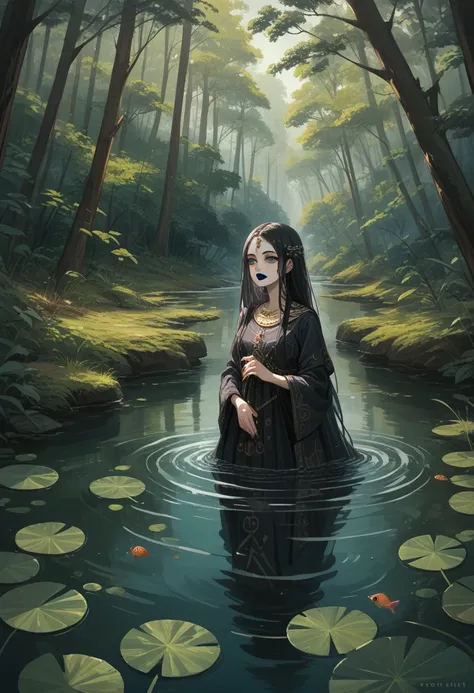 Girl 1,Вокруг Туман и a mystic,Natural river in ancient forest, mirror reflection on the river,gorgeous beautiful face, Neckline with leaves and splashes of water,black makeup and black lipstick, dark atmosphere,Clear colors,long hair,Fishes swim in the ri...