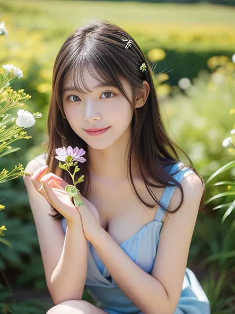 Photo-realistic quality、A Japanese woman in a pale blue sheer dress kneeling in a flower field, Beautiful Japanese girl face, Black Hair, Holding a cosmos flower in her hand、Young Japanese girl idol, In the grassland, Portrait of a Japan teenager,looking a...