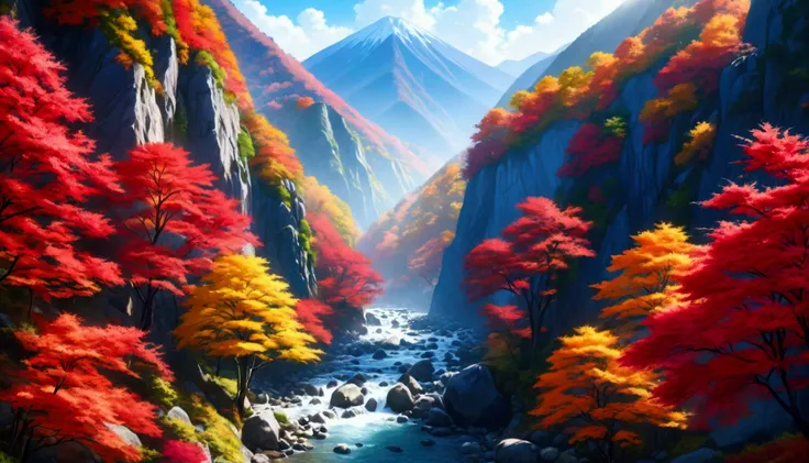 A detailed autumn landscape in a Japanese mountain gorge, with vibrant red foliage, serene nature, bright daylight, (best quality,4k,8k,highres,masterpiece:1.2),ultra-detailed,(realistic,photorealistic,photo-realistic:1.37),HDR,UHD,studio lighting,ultra-fi...