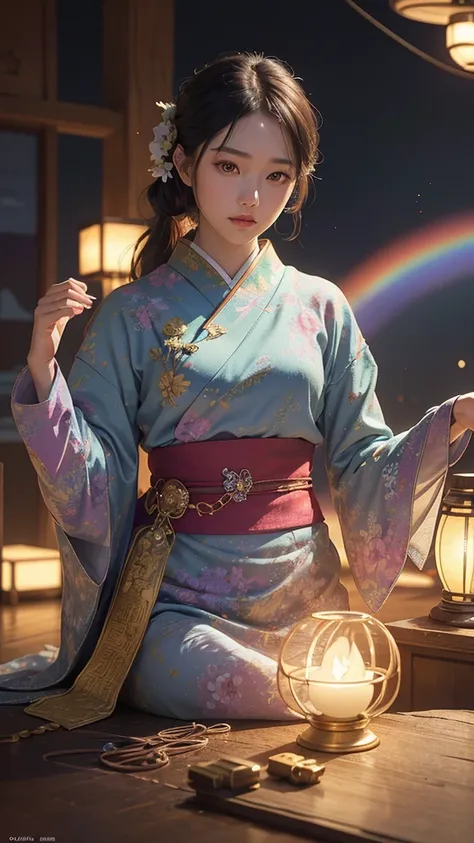 Beautiful Japanese Woman, (masterpiece: 1.2), (Highest quality), 4K, Very detailed, (moving composition: 1.4), Very detailed, Colorful details, (Rainbow colors: 1.2), (Bright lighting, Atmospheric lighting), dream-like, magic, (alone: 1.2)  ,