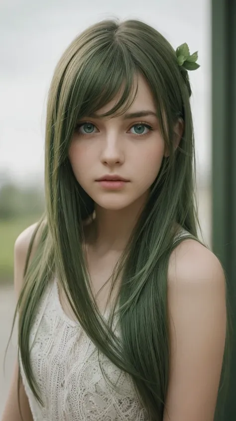 a European girl.  facial details.  delicate facial features.  sad eyes.  green eyes.  long straight hairstyle.  messy hair.  green hair.  Sad.  straight face