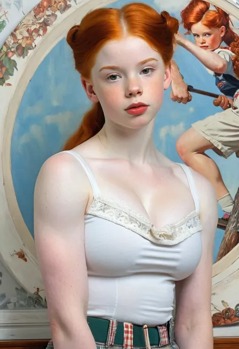 pale skin muscular redhead 13 year old girl huge breasts in the style of Norman Rockwell