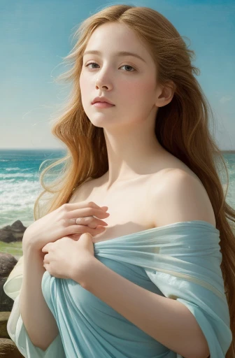 Create an image of a classical, Renaissance-style painting depicting a beautiful woman standing gracefully on a large seashell. The woman has long, flowing golden hair partially covering her body, with a serene expression on her face. Her right hand is pla...