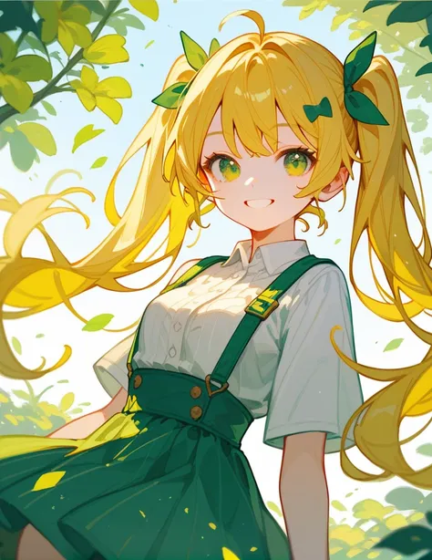 score_9_up,score_8_up,1girl, green eyes, twintails, yellow hair, smile