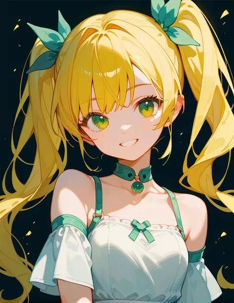 score_9_up,score_8_up,1girl, green eyes, twintails, yellow hair, smile