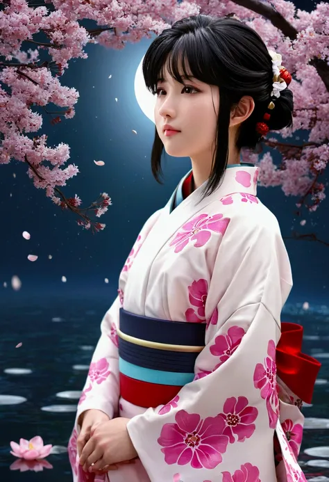 ((masterpiece, highest quality, detailed)) one girl, high resolution, kimono, kimono, moon, original, 部分的にwater没した, petal, short...