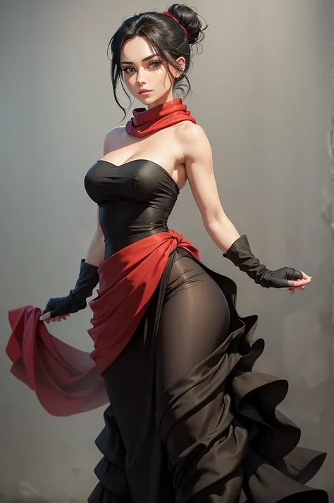 fullbody view, female, green eyes, black hair tied to a bun, strapless midi dress, red scarf around her neck, flowy arm sleeves, silk gloves, a fabric is wrapped around her waist