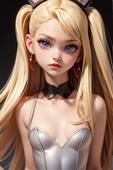 hyperrealistic 14 year old american teen, blonde, perfect tiny body, sexy, dark makeup, small choker, perfect slim face, big red lips, very cute face, tiny body, big eyes, young looking, childish looking, big earrings, full body, leotard