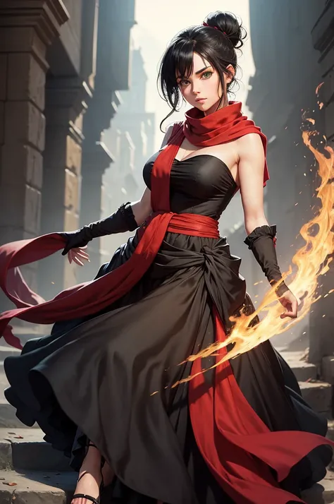 fullbody view, female, green eyes, black hair tied to a bun, strapless full dress, red scarf around her neck, flowy arm sleeves, silk gloves, a fabric is wrapped around her waist