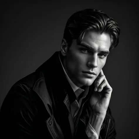 masterpiece, Best quality, high quality, чрезвычайно подробный CG unit 8k wallpaper, Black and white photo, noir, close-up of a man in a coat, looking into the distance, I look in his direction, handsome, doing the Bateman look, really beautiful face!!, sl...