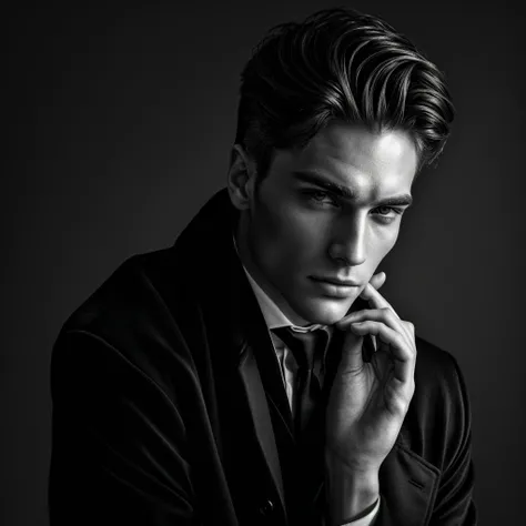 masterpiece, Best quality, high quality, чрезвычайно подробный CG unit 8k wallpaper, Black and white photo, noir, close-up of a man in a coat, looking into the distance, I look in his direction, handsome, doing the Bateman look, really beautiful face!!, sl...