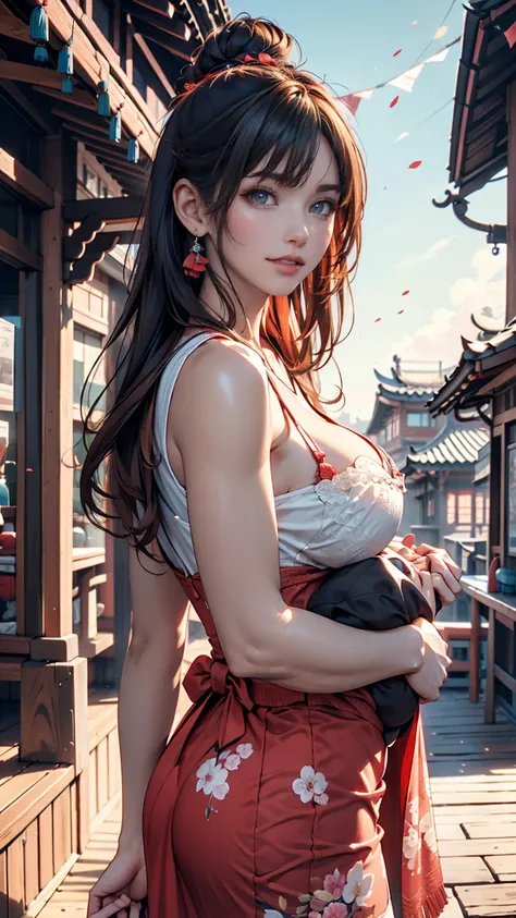 {{masterpiece, Highest quality, Highly detailed CG, unity 8k wallpaper, Cinema Lighting}}, Traditional Chinese Ink Painting, One girl, 1 Baby, Young woman holding baby, whole body, ancient architecture, blue sky, sunny day, wooden building, Famous protagon...