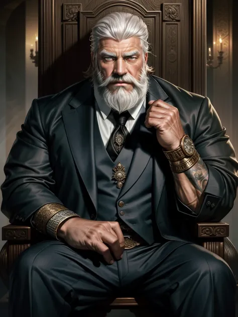 there is a huge muscular old man in a suits sitting in thrones, short hair, bearded, white hair and beard, wrinkles skinned, strong muscle, strong and intimidated, masterpiece,  character portrait, muscular, commission for high res, male, epic and classy p...