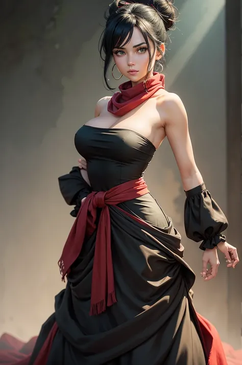 fullbody view, female, green eyes, black hair tied to a bun, strapless full dress, red scarf around her neck, flowy arm sleeves, silk gloves, a fabric is wrapped around her waist