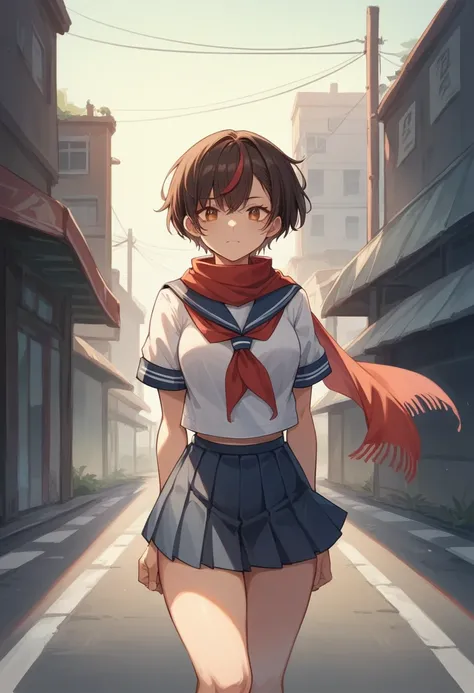 Create an anime-style image of a girl with short hair, Dark brown hair with side fringe, Characterized by red inner highlights. She is wearing a navy blue sailor uniform with a red scarf and a black pleated skirt.。. The girl has a playful yet mischievous l...