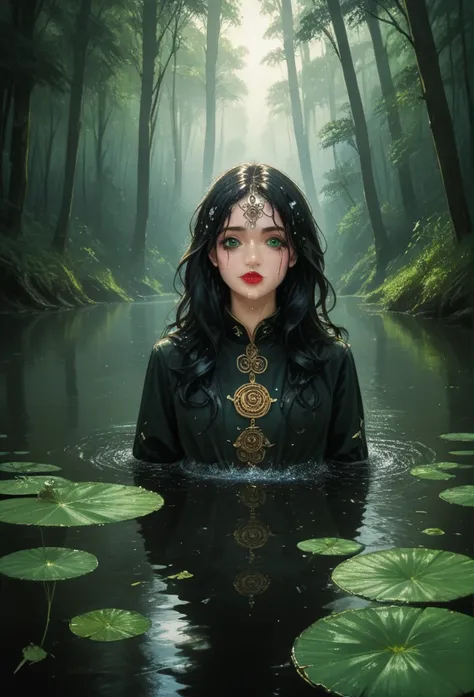 a girl standing near a natural river in an ancient forest, with a mystic atmosphere, her face beautifully detailed with black makeup and lipstick, long hair, bright green eyes, dressed in lightweight patterned fabric that is wet from the water, her hands l...