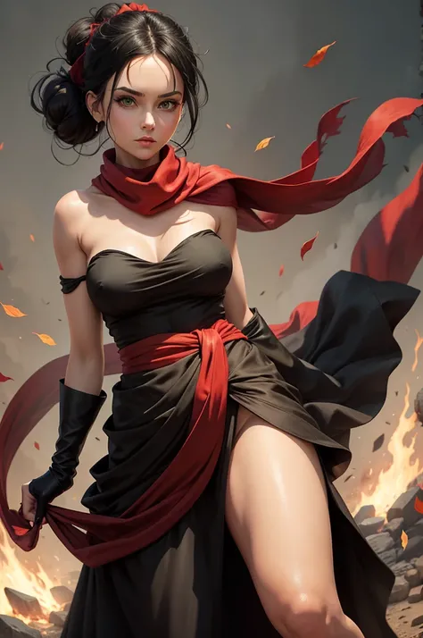 fullbody view, female, green eyes, black hair tied to a bun, strapless full dress, red scarf around her neck, flowy arm sleeves, silk gloves, a fabric is wrapped around her waist