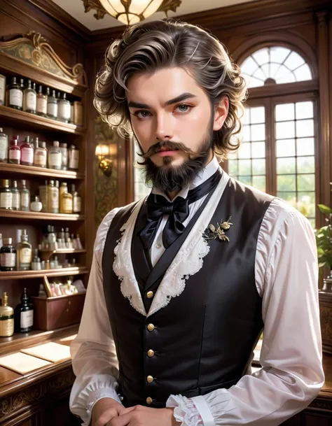 one dandy gentleman with a beard,Seventy-three parts of hair hardened with hair gel,wearing Lolita dress,He is in charge of the reception of the guild.Over the counter,(masterpiece), (best quality), (ultra-detailed), (illustration), (detailed light),(an ex...