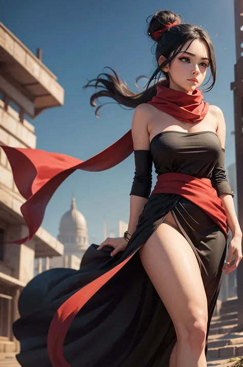 fullbody view, female, green eyes, black hair tied to a bun, strapless full dress, red scarf around her neck, flowy arm sleeves, silk gloves, a fabric is wrapped around her waist