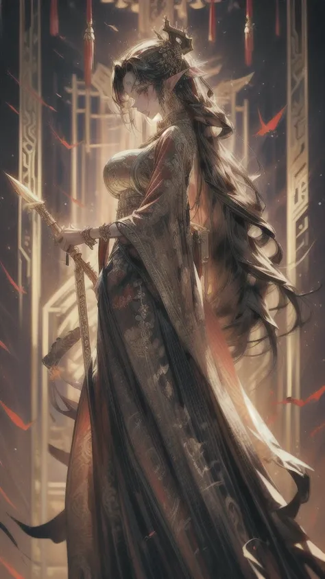 1 female goddess, dragon horns, golden dragon slit eyes, ultra high quality, ultra high resolution, big breasts, slender yet curvaceous body, pointed ears, kind yet cruel smile, golden chain with a ruby dagger pendant, wearing red robes with intricate gold...