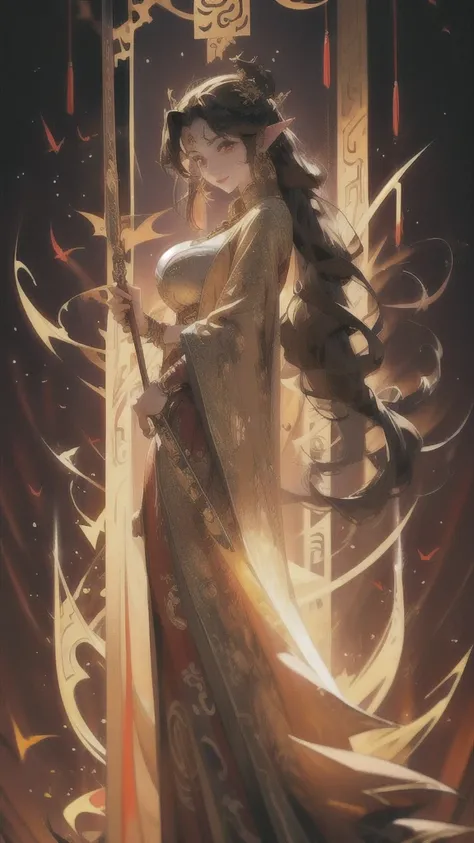 1 female goddess, dragon horns, golden dragon slit eyes, ultra high quality, ultra high resolution, big breasts, slender yet curvaceous body, pointed ears, kind yet cruel smile, golden chain with a ruby dagger pendant, wearing red robes with intricate gold...