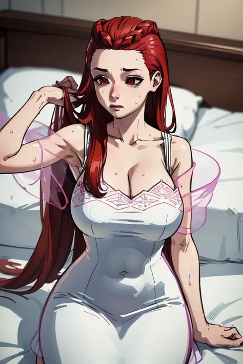 (best quality,4K,8k,high resolution,masterpiece:1.2),super detailed,(current,realistically,realistically:1.37), Ultra high definition face, Dahlia Hawthorne, long red hair, Red eyes, Close-up of a woman in a skirt sitting on the bed, V-shaped bust clothes,...